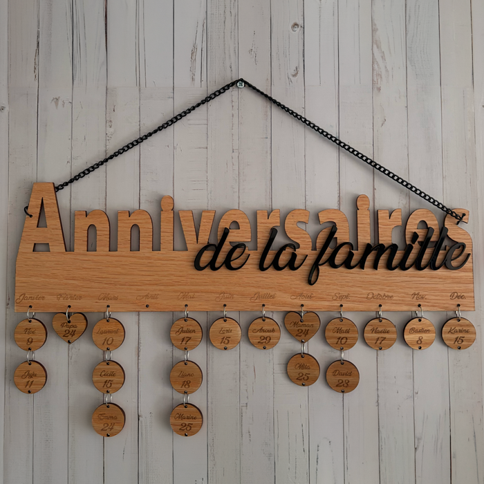 Calendrier anniversaire bois personnalisé familial gravure laser Kallima Design
