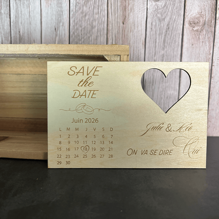 Save the date mariage bois personnalisé gravure laser magnet Kallima Design