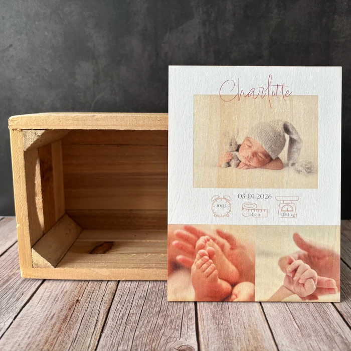 Faire-part naissance bois gravé personnalisé prénom date mensurations bébé Kallima Design